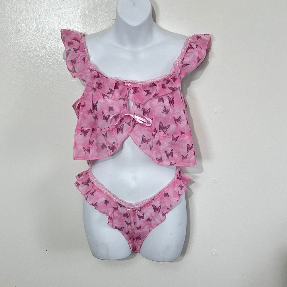 Sugar Thrillz Sleep Set Women Large‎ Pink Butterfly Ruffle Chiffon AST251109